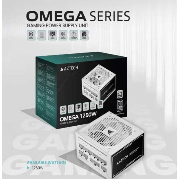 AZTECH OMEGA 1250W 80 Plus Gold ATX 3.1 & PCIe 5.1 Ready Fully Modular Power Supply Ultra‑Quiet Hybrid Fan PSU 120 mm, Japanese 100% 105 °C Caps, ZERO RPM Low noise Control RTX 40 PSU & Ryzen & Intel